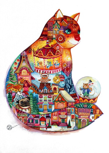 Peinture intitulée "christmas cat 2015" par Oxana Zaika, Œuvre d'art originale, Aquarelle