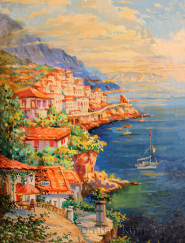 Painting titled "Italian Riviera" by Dmitry King, Original Artwork, Oil Mounted on Wood Stretcher frame