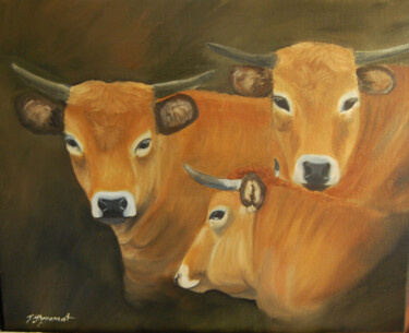 trois vaches de l'Aubrac - huile sur toile originale signée Painting titled "trois vaches de l'A…" by Patricia Giroldini Hyvernat, Original Artwork, Oil Mounted on Wood Stretcher frame
