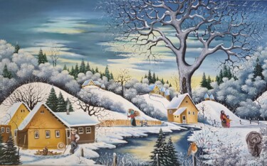 L'hiver froide dans le village Peinture intitulée "L'hiver froide dans…" par Mariana Mihut, Œuvre d'art originale, Huile