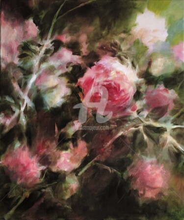 Le rosier rose Schilderij getiteld "Le rosier rose" door Fabienne Monestier, Origineel Kunstwerk, Olie