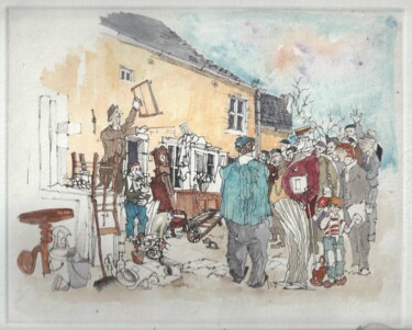 Gravures & estampes intitulée "Ventes à l'encan" par André Colpin, Œuvre d'art originale, Eau-forte
