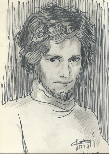 Tekening getiteld "autoportrait 1969" door Claude Hardenne, Origineel Kunstwerk
