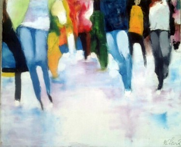 Painting titled "les piétons" by Robert Charles, Original Artwork, Oil Mounted on Wood Stretcher frame