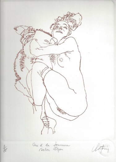 Printmaking titled "Nu à la fourrure se…" by André Colpin, Original Artwork, Etching