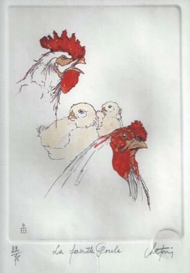 Printmaking titled "Famille Poule" by André Colpin, Original Artwork, Etching