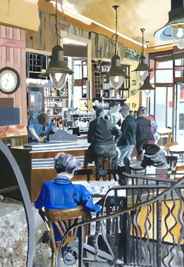 Painting titled "Le Bistrot" by Maurice Bellolo, Original Artwork, Oil Mounted on Wood Stretcher frame