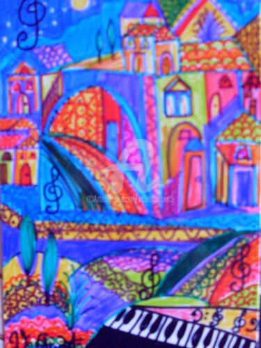 CARTE DE NOEL 2015 , sur le theme de la musique et les villages de la France Dibujo titulada "CARTE DE NOEL 2015…" por Valerie Guiot, Obra de arte original, Otro