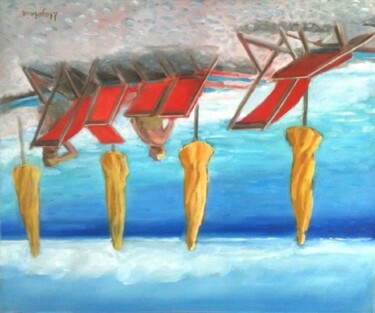 Peinture intitulée "Les parasols jaunes" par Jacques Lajoinie, Œuvre d'art originale, Huile