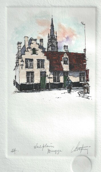 Printmaking titled "Brugge - Walplein" by André Colpin, Original Artwork, Etching