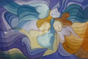 Peinture intitulée "Tête-à-tête à quatr…" par Richard Aubin, Œuvre d'art originale, Aquarelle