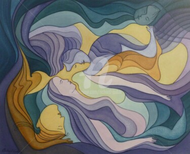 Peinture intitulée "Tête-à-tête à quatr…" par Richard Aubin, Œuvre d'art originale, Aquarelle