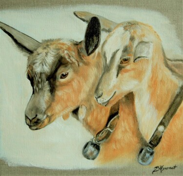 deux petites chèvres huile sur toile de lin Painting titled "deux petites chèvre…" by Patricia Giroldini Hyvernat, Original Artwork, Oil Mounted on Wood Stretcher frame