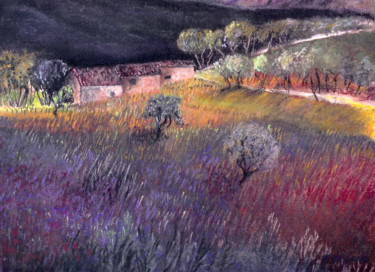 Peinture intitulée "Les trois mazets" par Pascale Dormoy-Vignals, Œuvre d'art originale, Pastel