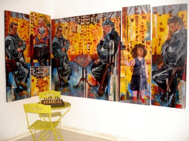 Painting titled "La partie d'échecs" by Alain Cabot, Original Artwork, Oil