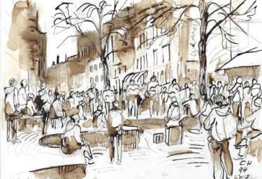 Dessin intitulée "Foule à Liège" par Claude Hardenne, Œuvre d'art originale