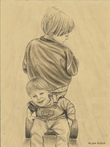 Dessin intitulée "Enfants sur un vélo" par Anne-Lise Surjus, Œuvre d'art originale, Fusain