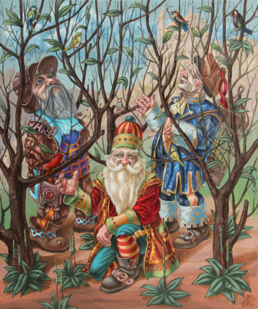 Painting titled "Connoisseurs of bir…" by Victor Molev, Original Artwork, Oil Mounted on Wood Stretcher frame