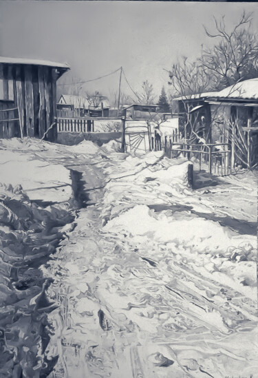 Drawing titled "ЗИМНИЙ  ДВОРИК" by Roman Malyshev, Original Artwork, Pencil