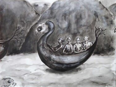 Dessin intitulée "Les passagers / Pas…" par Hang Ribeir, Œuvre d'art originale, Encre