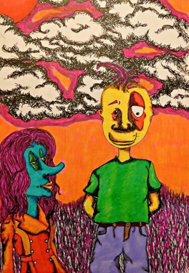 Drawing titled "Orange Goodbye" by Elke Matthaeus, Original Artwork, Ballpoint pen