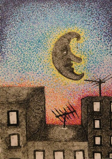 Drawing titled "Sunset Moon" by Elke Matthaeus, Original Artwork, Ballpoint pen