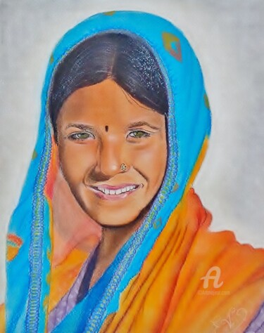 Dessin intitulée "Couleurs indiennes" par Virginie Etignard, Œuvre d'art originale