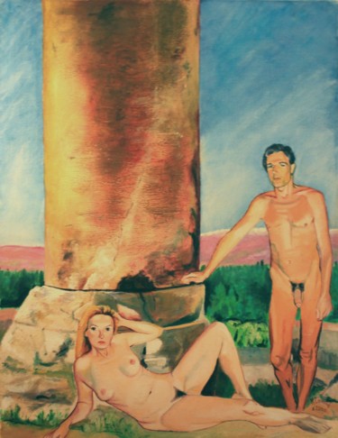 N°113 Baalbek. Neige et pilier. Peinture intitulée "N°113 Baalbek. Neig…" par R. Cavalié, Œuvre d'art originale, Huile