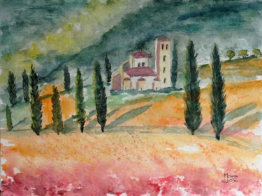 제목이 "Cypres en Toscane"인 미술작품 Marie-José Longuet로, 원작, 수채화