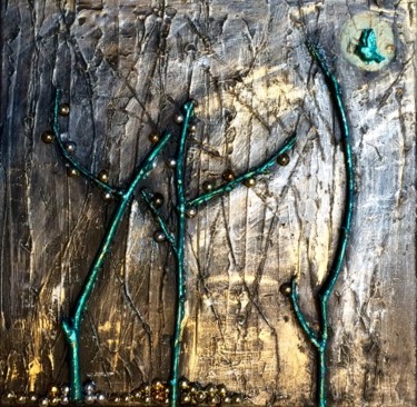 Peinture intitulée "L’oiseau bleu argent" par Wilcox, Œuvre d'art originale, Huile Monté sur Châssis en bois