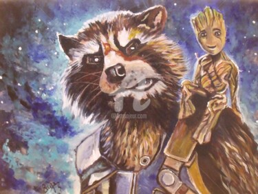 绘画 标题为“Rocket et Bébé Groot” 由Valérie Barrett, 原创艺术品, 丙烯 安装在木质担架架上