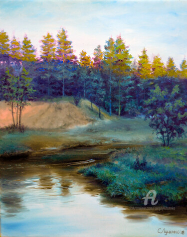 Schilderij getiteld "Evening." door Sergey Lutsenko, Origineel Kunstwerk, Olie Gemonteerd op Frame voor houten brancard