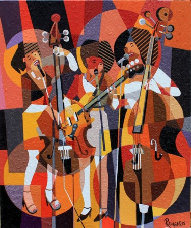 Schilderij getiteld "LES TROIS BLACKS" door Jean Rougerie, Origineel Kunstwerk, Olie Gemonteerd op Frame voor houten brancard