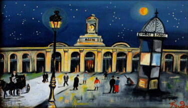 「La gare d' Agen」というタイトルの絵画 Fouschyによって, オリジナルのアートワーク, オイル ウッドストレッチャーフレームにマウント