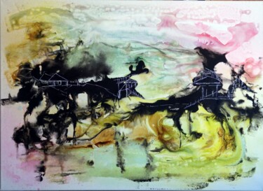 绘画 标题为“montagne-et-enchant…” 由Eliette Gaurin, 原创艺术品, 墨 安装在木质担架架上