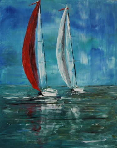 Painting titled "Voiliers-sous-spi" by Patrice Butel, Original Artwork, Oil