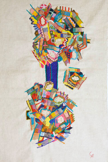 제목이 "arbres-bleu "oeuvre…"인 섬유 예술 Anne Guerrant로, 원작, 자수