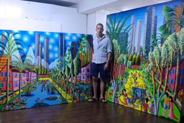 large colorful naive paintings big size artworks israeli art Pintura titulada "large colorful naiv…" por Raphael Perez, Obra de arte original, Acrílico
