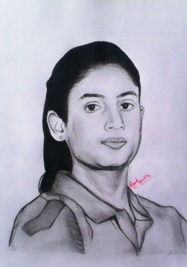 Drawing titled "Mithali Raj" by Manoj Shukla, Original Artwork, Charcoal