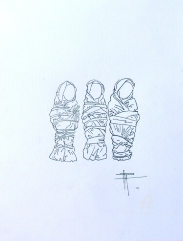 Dessin intitulée "BEBES EMMAILLOTES" par Paule-Andree Maraval, Œuvre d'art originale, Crayon