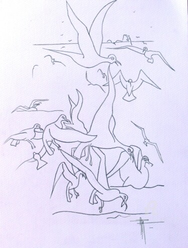 Dessin intitulée "LES MOUETTES" par Paule-Andree Maraval, Œuvre d'art originale, Crayon