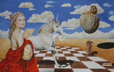 绘画 标题为“La dama dell'unicor…” 由Valentino Camiletti, 原创艺术品, 彩画