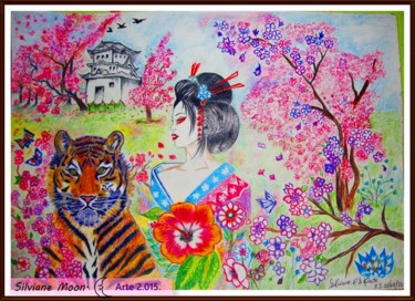 Desenho intitulada "O Tigre e a Gueixa." por Silviane Moon, Obras de arte originais, Lápis