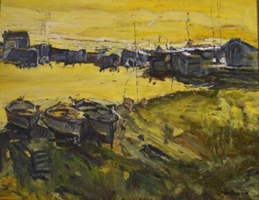 Painting titled "Ocre Marine." by Jeanne-Marie Delbarre, Original Artwork, Oil Mounted on Wood Stretcher frame