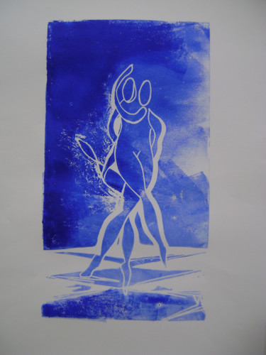 "malgré l'orage" monochrome bleu 印花与版画 标题为“"malgré l'orage" mo…” 由Nadine Trescartes (fildefériste), 原创艺术品, Linocuts