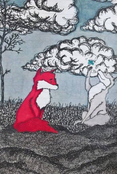 Drawing titled "A Tale of Two Foxes" by Elke Matthaeus, Original Artwork, Ballpoint pen