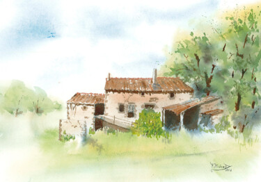 Peinture intitulée "ferme délaissée" par Fabrice Richard, Œuvre d'art originale, Aquarelle