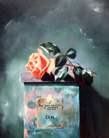 Un rose sur l'autel de mon amour/ A rose on the altar of my love Peinture intitulée "Un rose sur l'autel…" par Mihai Ionescu, Œuvre d'art originale, Huile