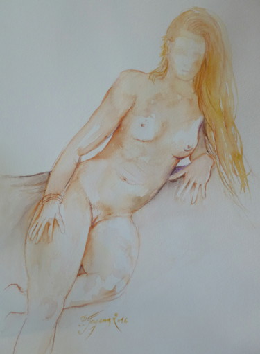 Peinture intitulée "Accoudée" par Pierre Feyeux, Œuvre d'art originale, Aquarelle
