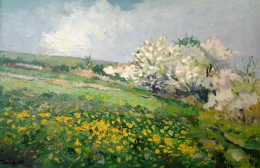 Flowering wild cherries Painting titled "Flowering wild cher…" by Lubomir Tkacik, Original Artwork, Oil